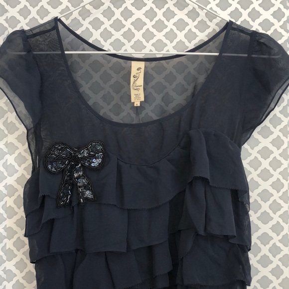 Anthropologie Tops - Anthro Floreat Navy silk ruffled sequin bow blouse